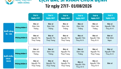 LỊCH KHÁM CHỮA BỆNH TỪ NGÀY 27/7 ĐẾN NGÀY 01/8/2026